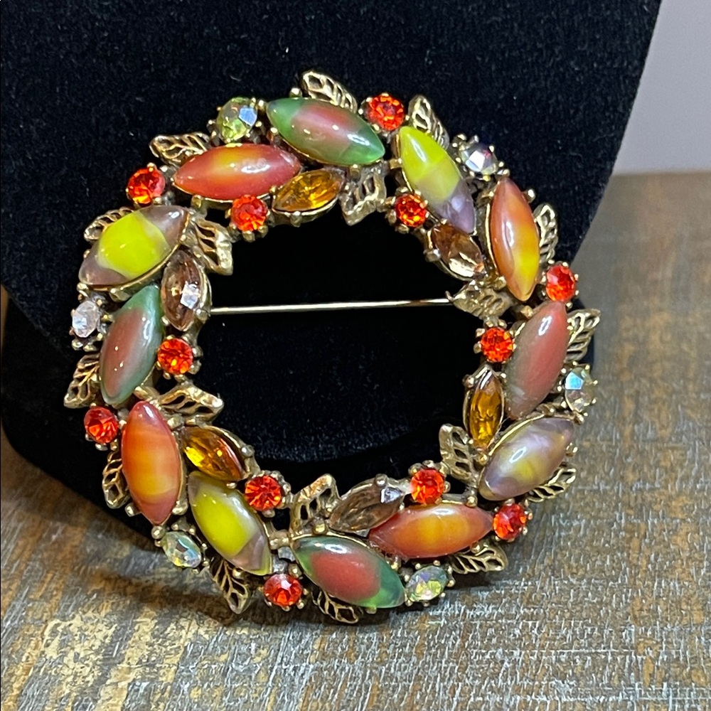 Vintage ART (Arthur Pepper) Givre Glass Autumn Wreath Fruit Salad Brooch